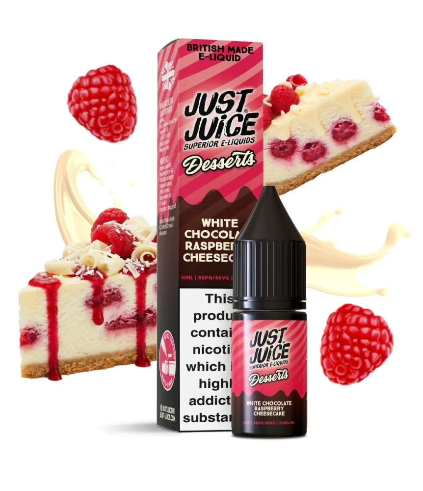 Just Juice dessert-themed e-liquid packaging with cheesecake and raspberries on a white background