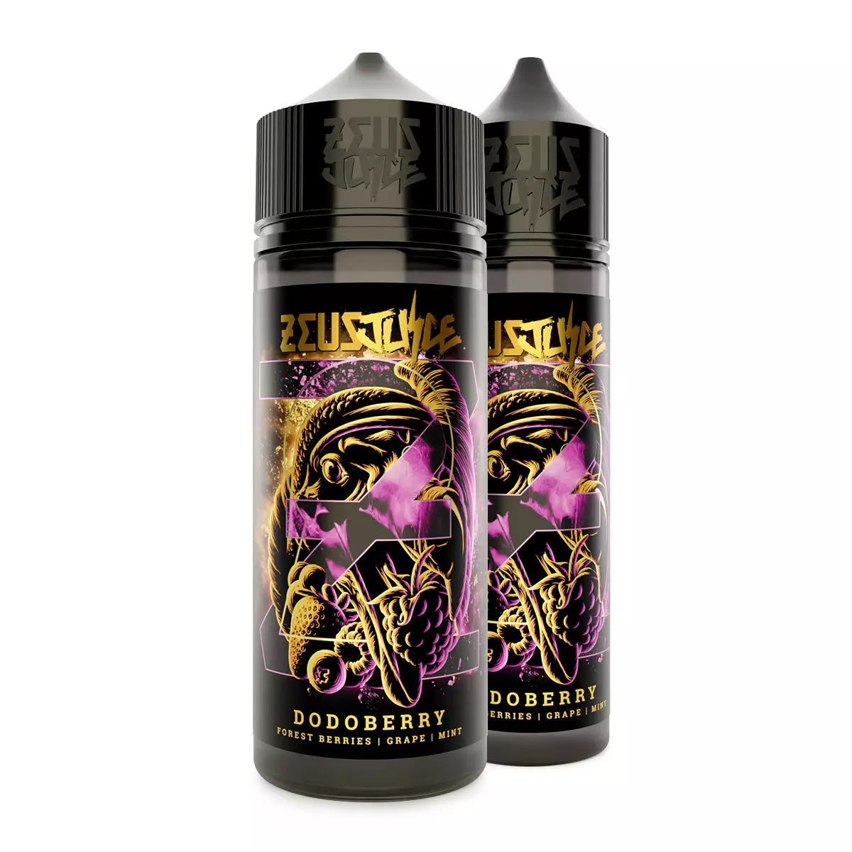 Two Zeus Juice Dodoberry 70:30 e-liquid bottles on a white background