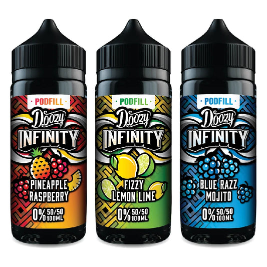 Three bottles of Doozy Infinity e-liquid with colourful labels on a white background