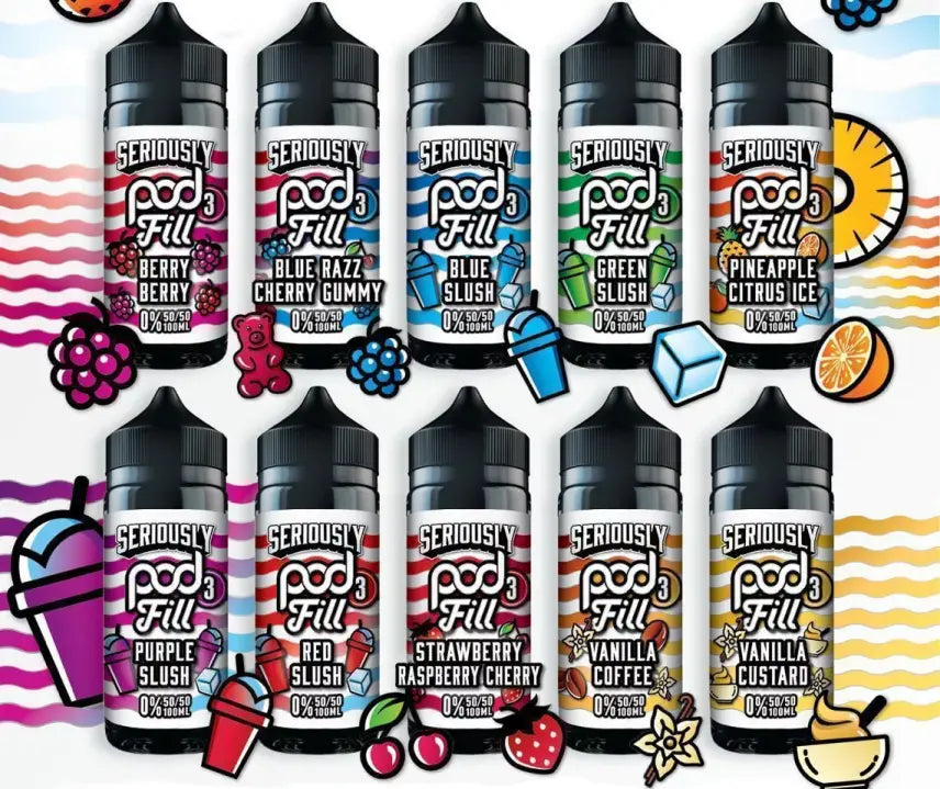 Various bottles of Seriously Pod Fill e-liquid with colourful labels and graphics.