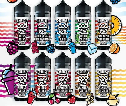 Various bottles of Seriously Pod Fill e-liquid with colourful labels and graphics.
