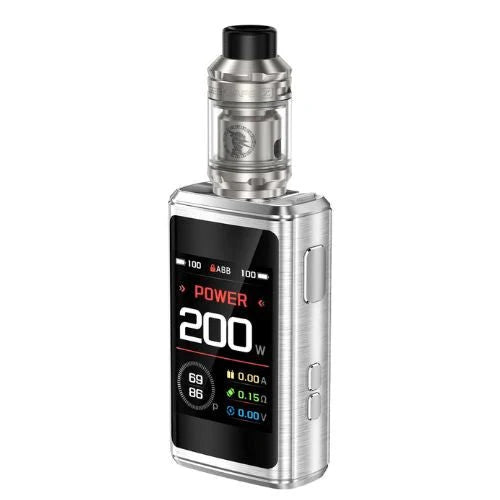 Silver Geekvape Z200 Vaping device with digital display on a white background