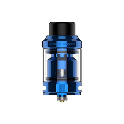 A blue and black vape tank mod with a clear glass chamber, shown against a plain white background.
