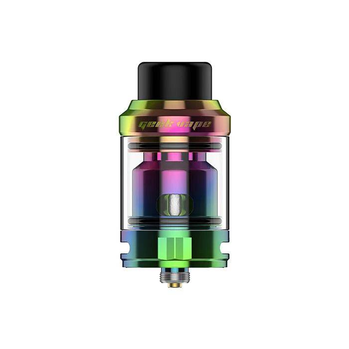 A clear glass vape tank with an iridescent rainbow metallic body, a black mouthpiece, and gold branding text on the top band, shown against a plain white background.
