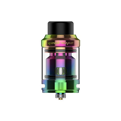 A clear glass vape tank with an iridescent rainbow metallic body, a black mouthpiece, and gold branding text on the top band, shown against a plain white background.