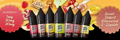 Row of Just Juice e-liquid bottles with colorful labels on a dessert-themed background.