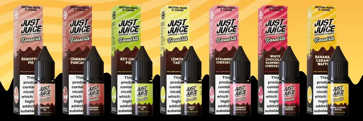 Assorted flavors of Just Juice e-liquid bottles on a yellow background