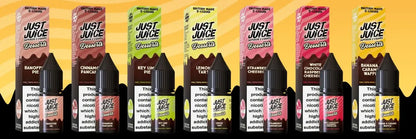 Assorted flavors of Just Juice e-liquid bottles on a yellow background