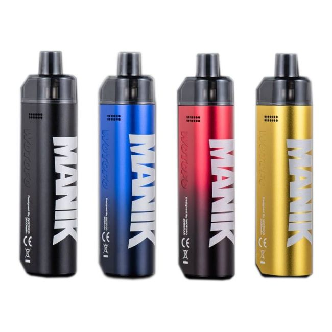 Four Wotofo Manik SMRT Pod Kits in black, blue, red, and gold on a white background