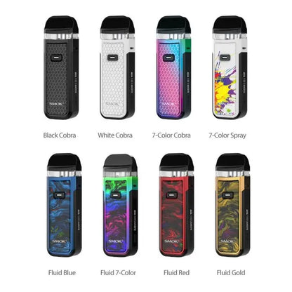 Eight Smok Nord X Pod Kit devices shown in a grid on a white background, labelled by colour/style names: Black Cobra, White Cobra, 7-Color Cobra, 7-Color Spray, Fluid Blue, Fluid 7-Color, Fluid Red, and Fluid Gold.