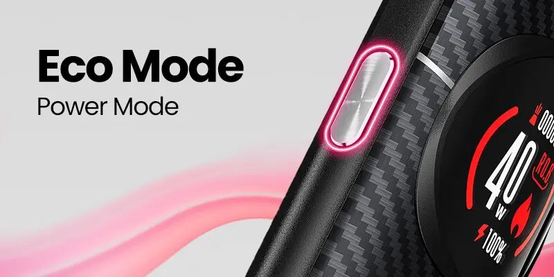A close-up promotional graphic of a Oxva Nexlim 2 Pod Vape Kit showing a carbon-fibre-style surface, a circular display with red energy graphics, and a pink illuminated power button. Large text on the left reads 'Eco Mode Power Mode'.