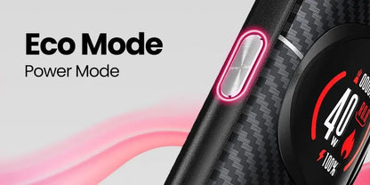 A close-up promotional graphic of a Oxva Nexlim 2 Pod Vape Kit showing a carbon-fibre-style surface, a circular display with red energy graphics, and a pink illuminated power button. Large text on the left reads 'Eco Mode Power Mode'.