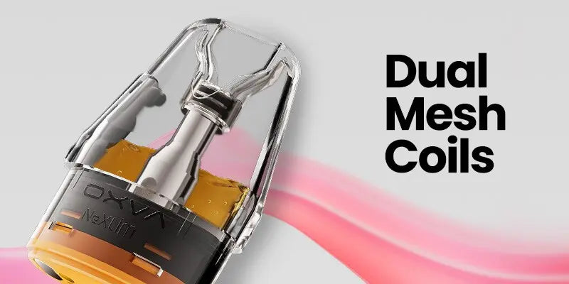 A close-up product shot of a transparent vape pod with visible dual mesh coil structure, filled with amber-coloured liquid, on a light grey background with pink wave graphics and the text 'Dual Mesh Coils' on the right.