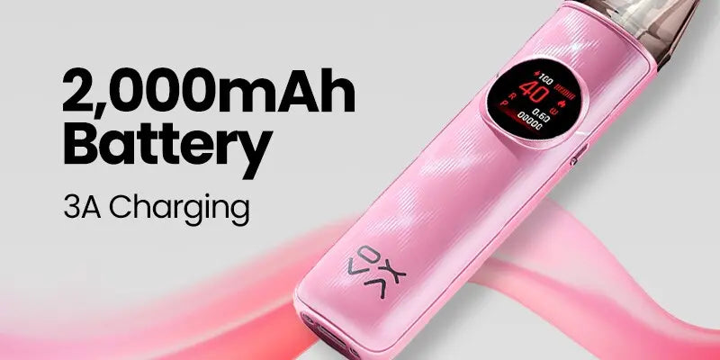 A pink vape device with a digital display screen, shown diagonally with promotional text reading '2,000mAh Battery' and '3A Charging' on a light gray background.