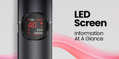A close-up of a slim black electronic device with a circular display showing red interface icons and numbers, next to text reading 'LED Screen Information At A Glance' on a light gray background with pink wave accents.