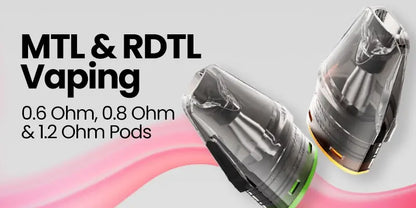 Promotional graphic for MTL & RDTL Vaping showing two transparent pod devices with black interiors and small colored accents, alongside text reading 'MTL & RDTL Vaping' and '0.6 Ohm, 0.