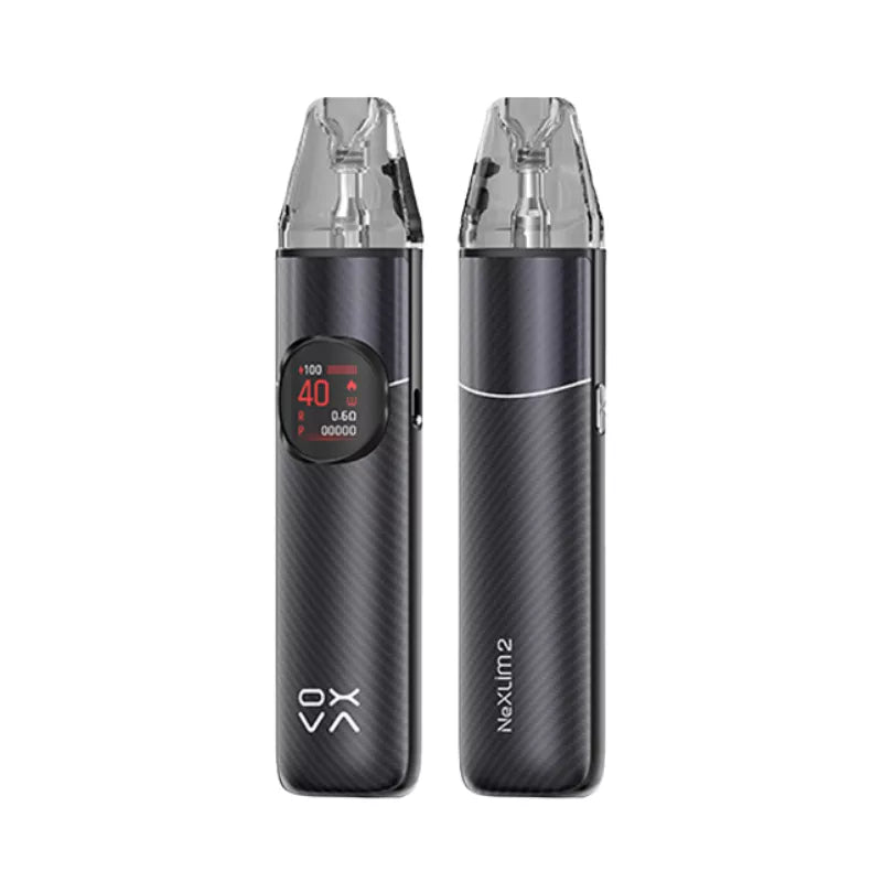 Two black vape devices with digital display on a white background