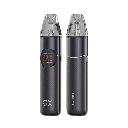 Two black vape devices with digital display on a white background