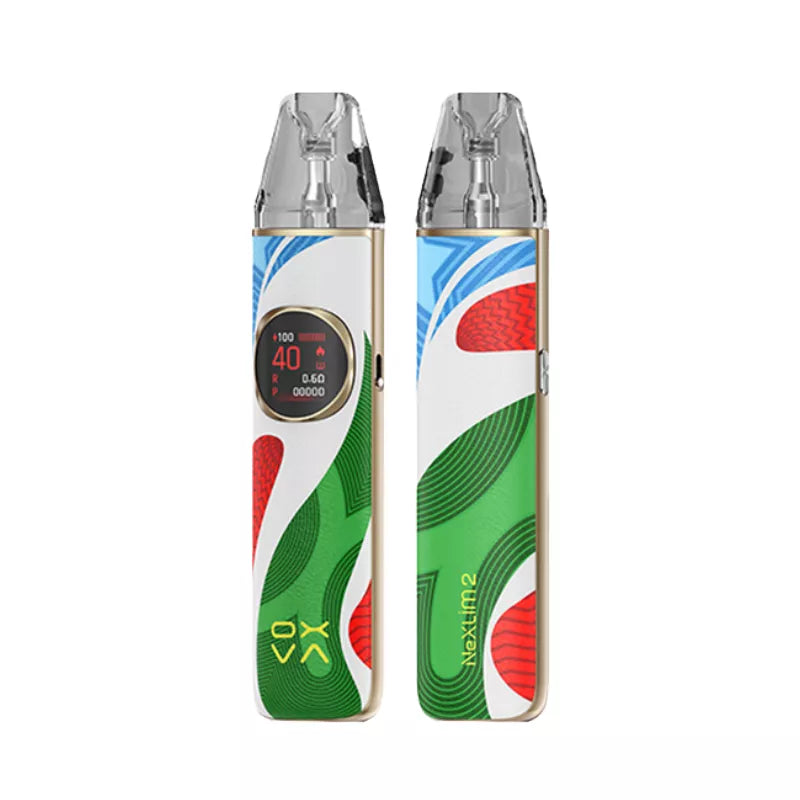 Two colorful vape devices with digital displays on a white background