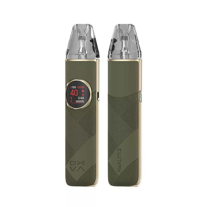 Two green vape devices with digital display on a white background