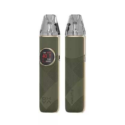 Two green vape devices with digital display on a white background