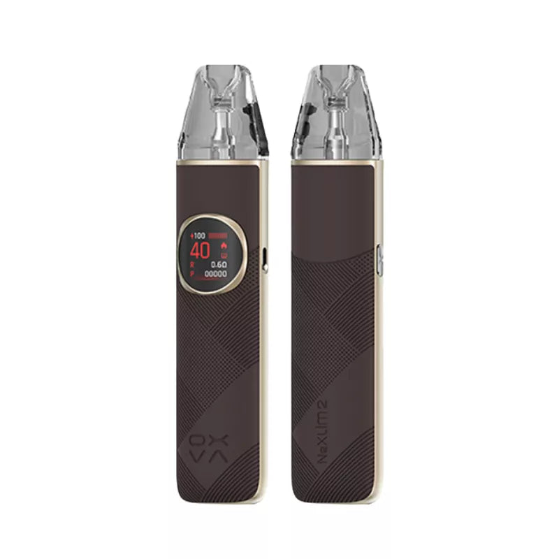 Two vaping devices with digital display on a white background