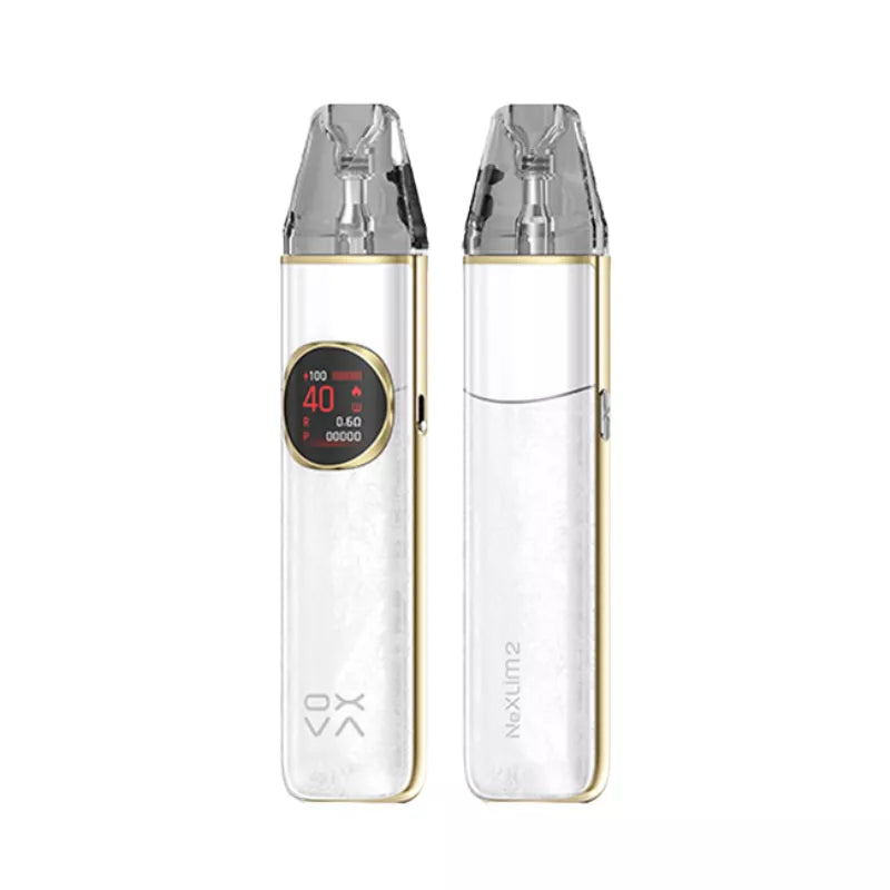 Two clear vaping devices with digital displays on a white background