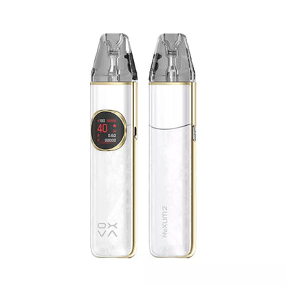 Two clear vaping devices with digital displays on a white background