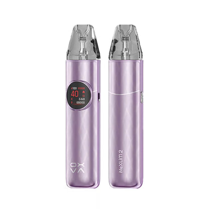 Two purple vape devices with digital display on a white background