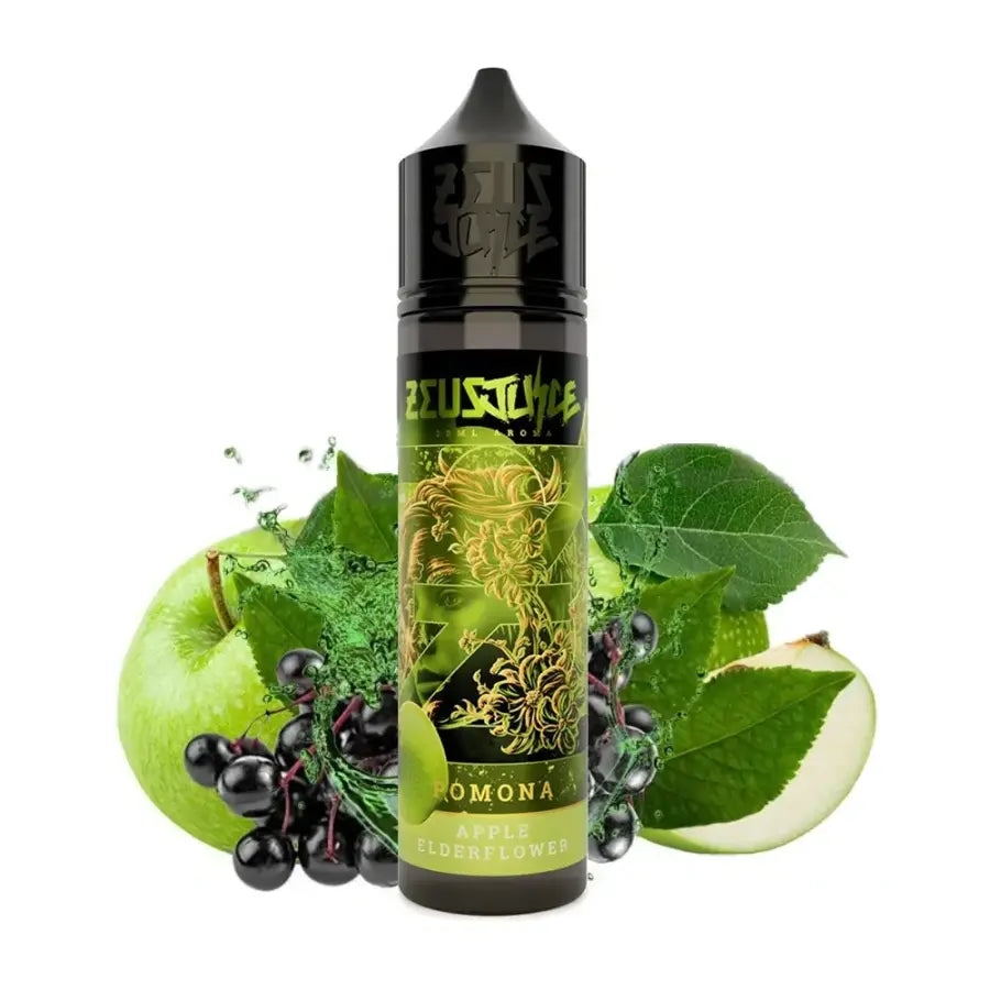 Zeus Juice Pomona 70:30 e-liquid bottle with green and black design surrounded by apples and leaves on a white background