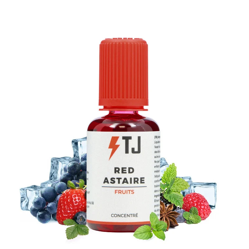 Bottle of T-Juice Red Astaire fruit concentrate with red cap and white label on a white background.
