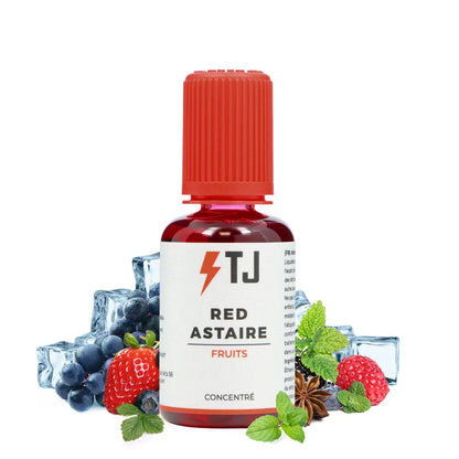 Bottle of T-Juice Red Astaire fruit concentrate with red cap and white label on a white background.