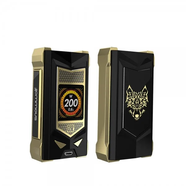 Two views of a black and gold Sigelei Snowwolf Mfeng UX Mod on a plain white background. One view shows the front with a digital display screen and the other shows the back with a gold wolf head logo.