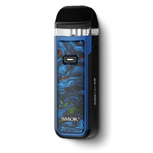 Smok Nord X Pod Kit with a blue and black marbled pattern on the body, a black mouthpiece, and a silver metallic band near the top, shown on a white background.