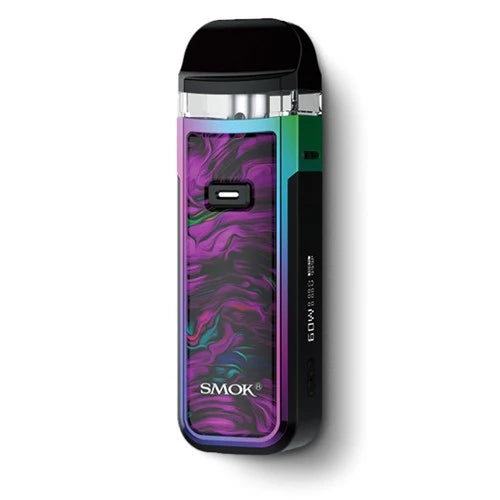 SMOK Nord X vape device with a marbled purple, pink, and blue patterned body, black mouthpiece, and green side accent, shown on a white background.