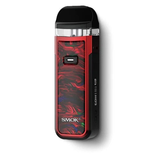 A SMOK pod mod vape device with a red and black marbled pattern on the front, a black mouthpiece, and a silver metallic band near the top, shown on a white background with a soft shadow.