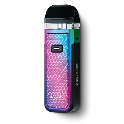 A SMOK pod mod vape device featuring a vibrant iridescent gradient body that transitions from blue to purple and pink, with a black mouthpiece, clear upper chamber, and a green side accent.