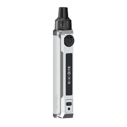 A silver and black SMOK vape device with a digital display showing 100% battery, set against a plain white background.