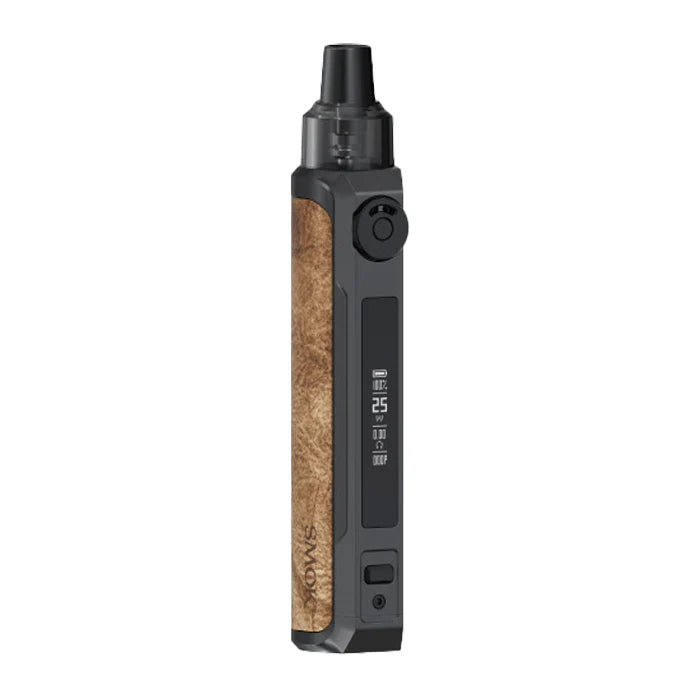 A SMOK vape device with a textured brown wood-grain grip on the side, a black digital display screen, and a black mouthpiece, shown against a plain white background.