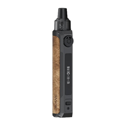 A SMOK vape device with a textured brown wood-grain grip on the side, a black digital display screen, and a black mouthpiece, shown against a plain white background.
