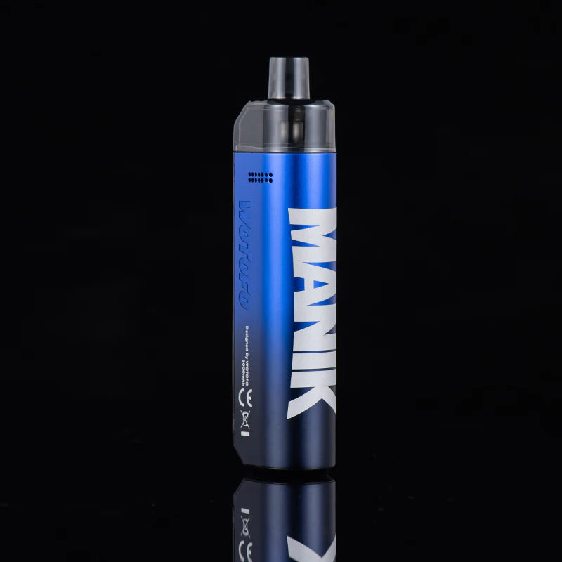 Blue vape device with 'MANK' branding on a black background