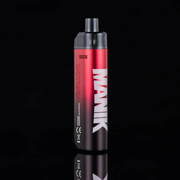 A MANIK vape device with a red-to-black gradient body and bold white branding, shown on a reflective black background.