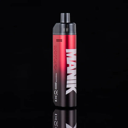 A MANIK vape device with a red-to-black gradient body and bold white branding, shown on a reflective black background.