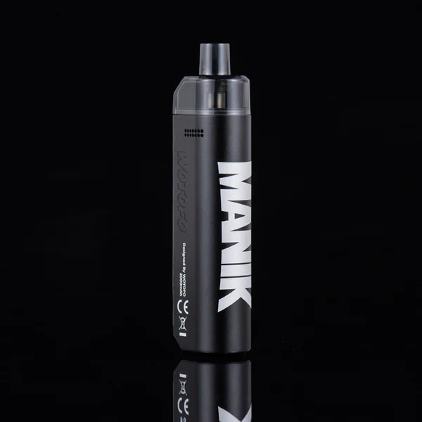 A black MANIK vape device with bold white lettering, standing vertically against a solid black background with a subtle reflection below.