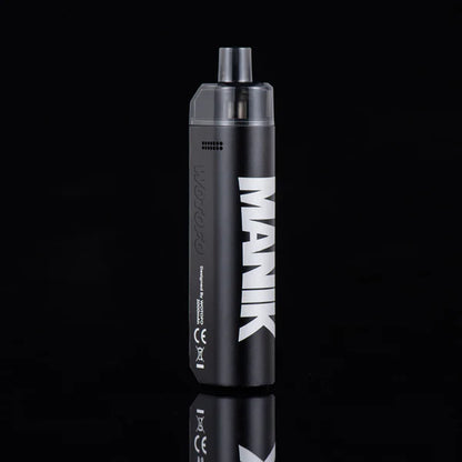 A black MANIK vape device with bold white lettering, standing vertically against a solid black background with a subtle reflection below.