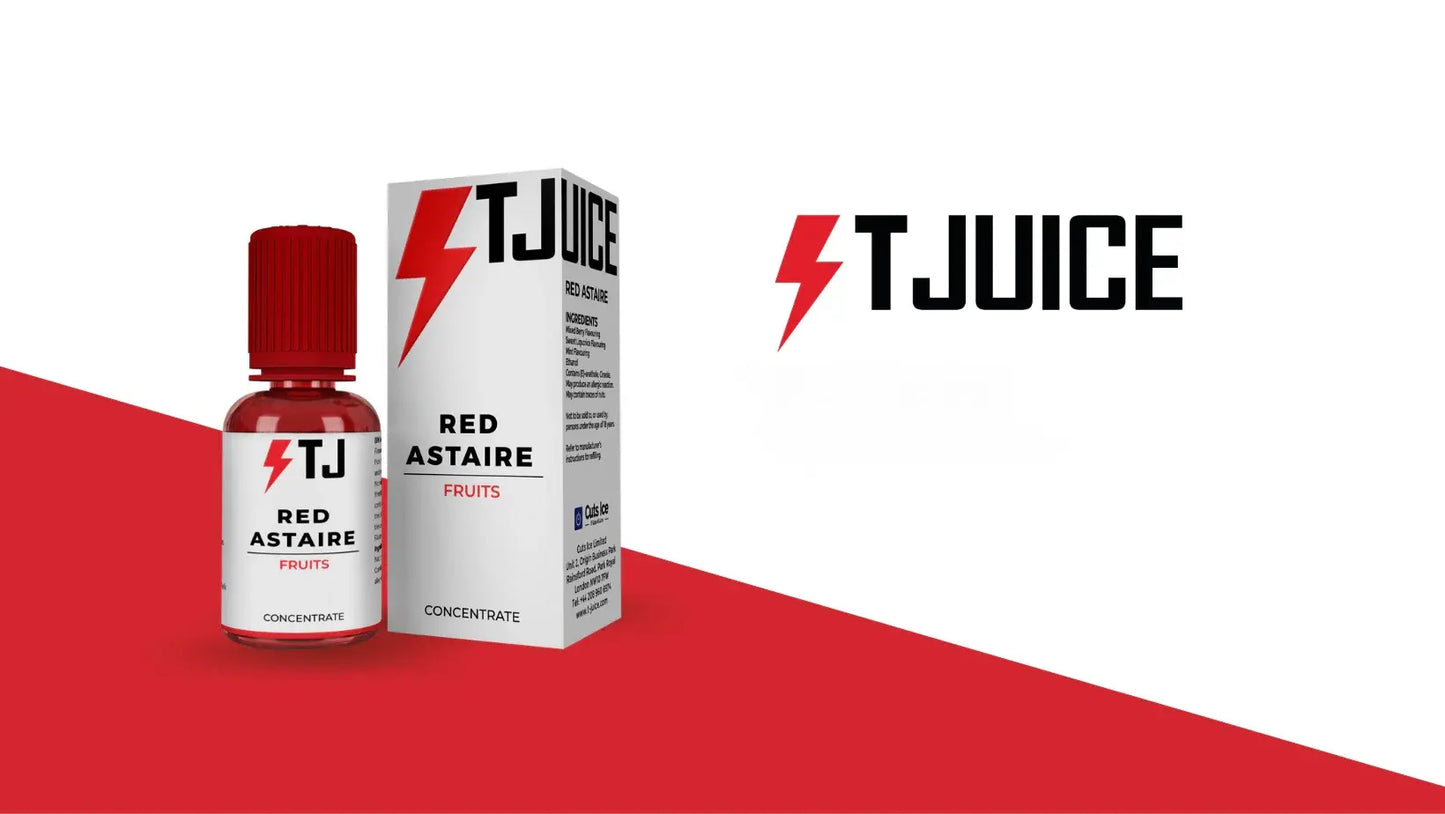 T-Juice Red Astaire vape juice bottle and packaging on a red and white background
