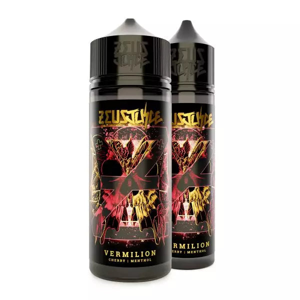 Two Zeus Juice Vermilion 70:30 e-liquid bottles on a white background