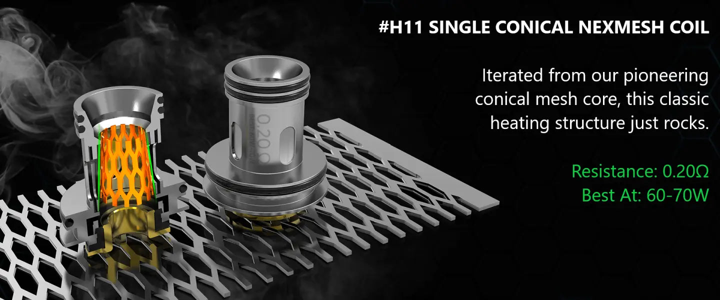 Technical product graphic showing a single conical NEXMESH coil with a cutaway view revealing the orange heating element, alongside a full-length view of the metallic coil on a dark smoky background with text describing specifications.