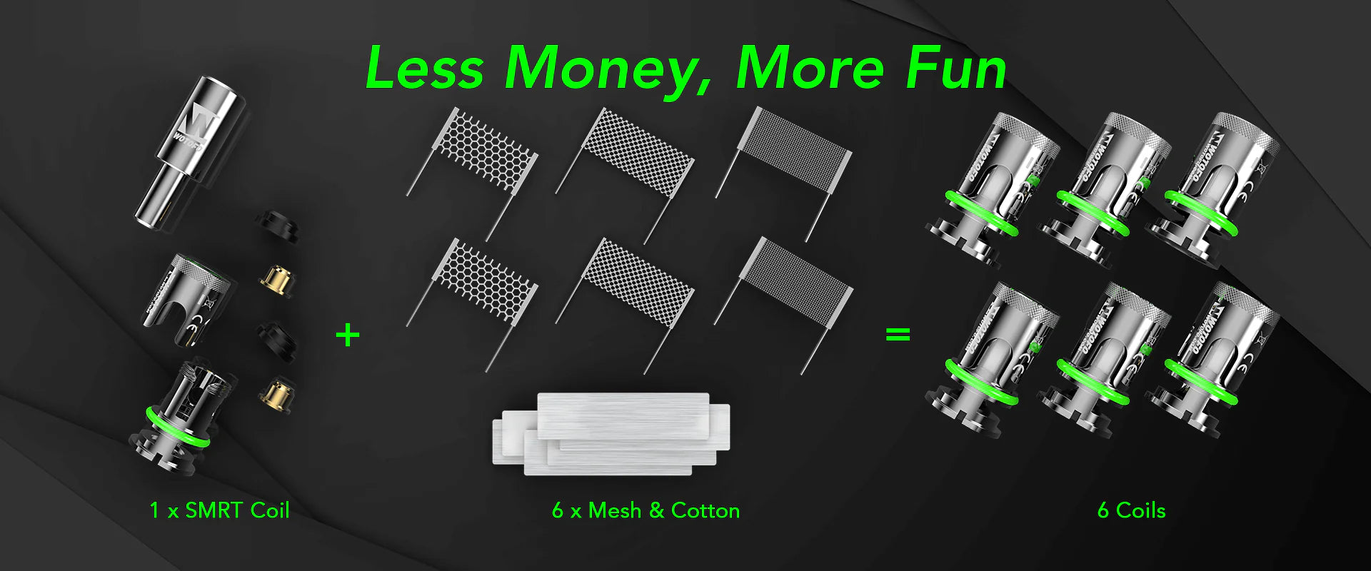 A product assembly graphic on a dark background showing vape coil components: one silver SMRT coil, six mesh and cotton filter pieces, and six coils, with green text reading 'Less Money, More Fun' and labels indicating the parts.