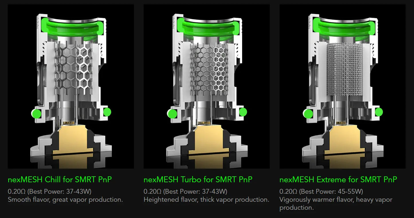 Three cutaway views of a vape device labeled nexMESH Chill, nexMESH Turbo, and nexMESH Extreme for SMART PnP, shown side by side on a black background with green text and power ratings.